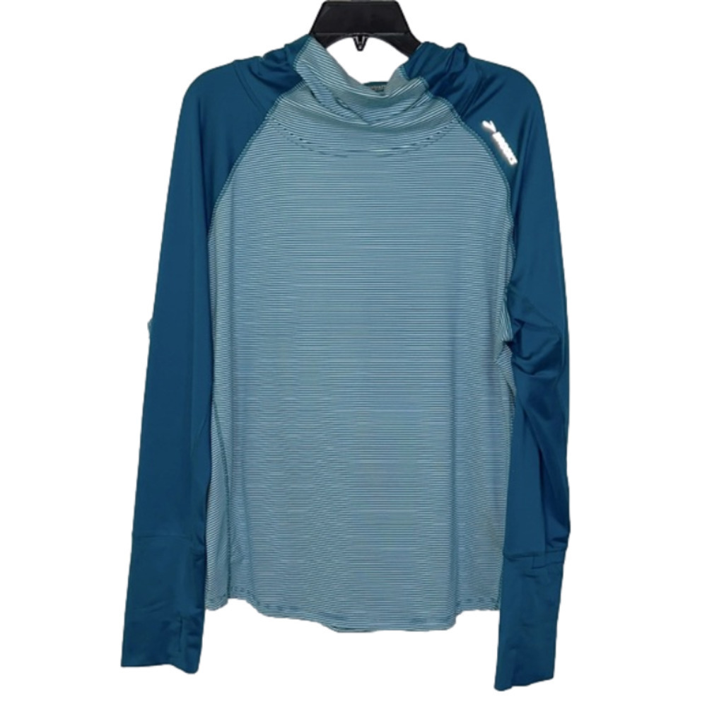 Brooks Turquoise Blue Striped Lightweight Run Happy Long Sleeve Hoodie -Sz Large